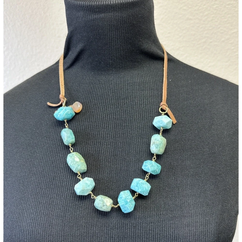 Large Chunky Faceted‎ Amazonite Polished Bead Statement Necklace Adjustable EUC